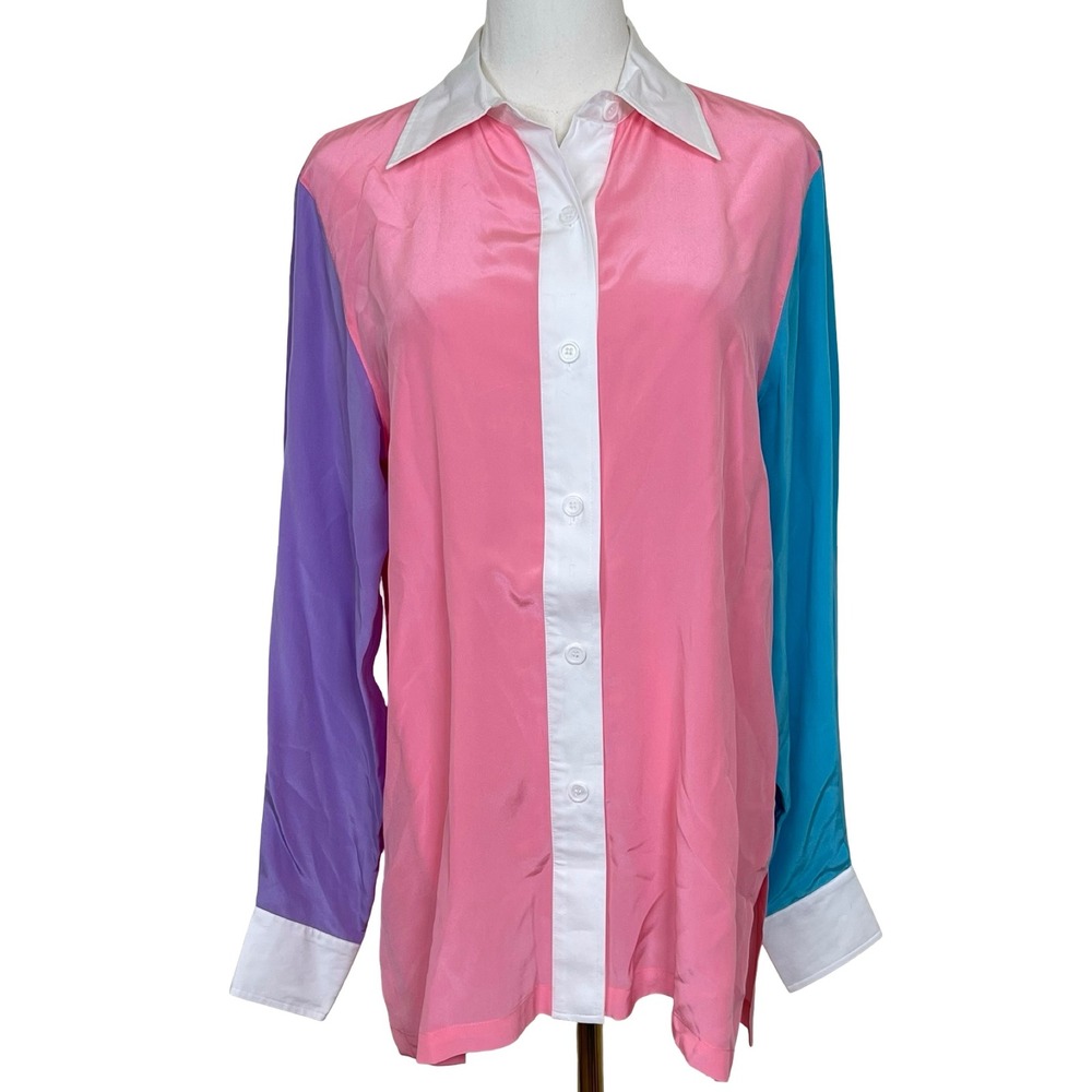 Vintage Linea by Louis Dell'Olio Silk Colorblock Shirt Womens S Pink Blue Pastel